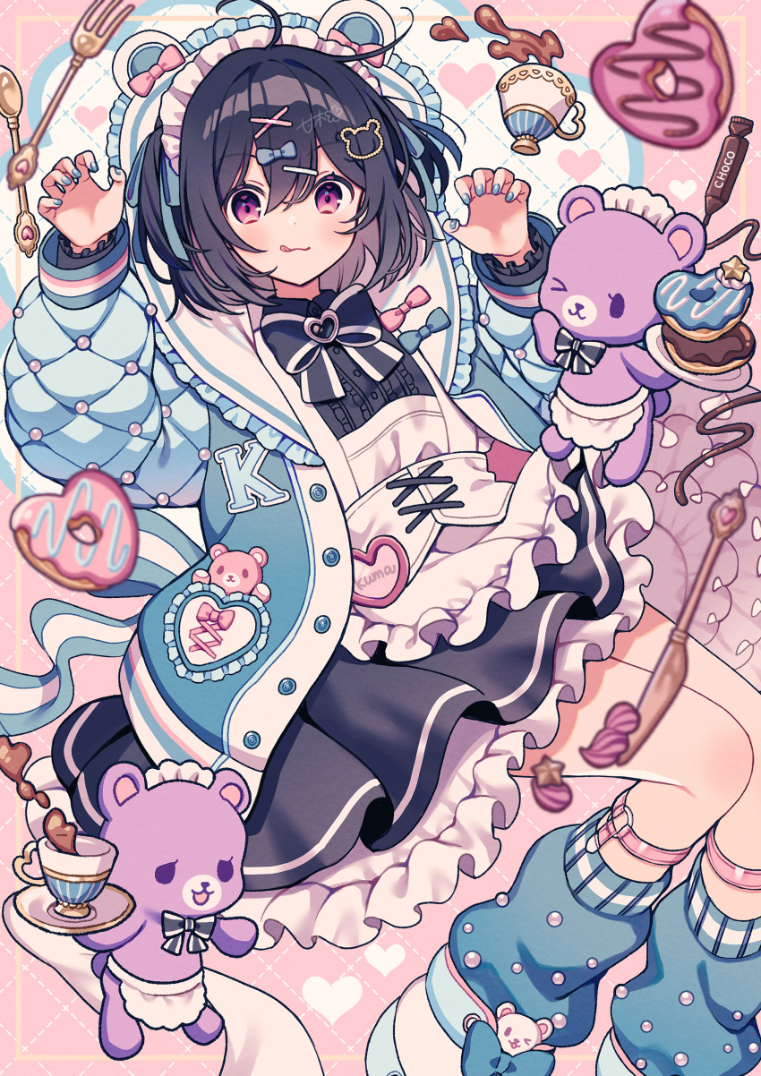 1girl :q absurdres amagi_hana animal_ears apron argyle argyle_background back_bow bear_ears bear_hair_ornament black_dress black_hair blue_bow blue_jacket blue_nails blush bow butter_knife chocolate claw_pose commentary_request cup doughnut dress fake_animal_ears food hair_ornament hands_up heart highres icing jacket layered_skirt leg_warmers letterman_jacket looking_at_viewer maid_headdress nail_polish one_eye_closed original pink_background pink_eyes saucer short_hair simple_background skirt spoon striped striped_bow stuffed_animal stuffed_toy tea teacup teddy_bear tongue tongue_out waist_apron white_apron white_bow white_footwear x_hair_ornament