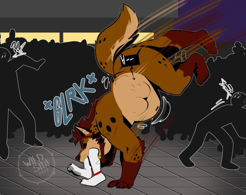 anthro canid canine canis comic convention english_text hyena male male/male male_pred male_prey mammal nude oral_vore people_in_background text vore wildside wolf