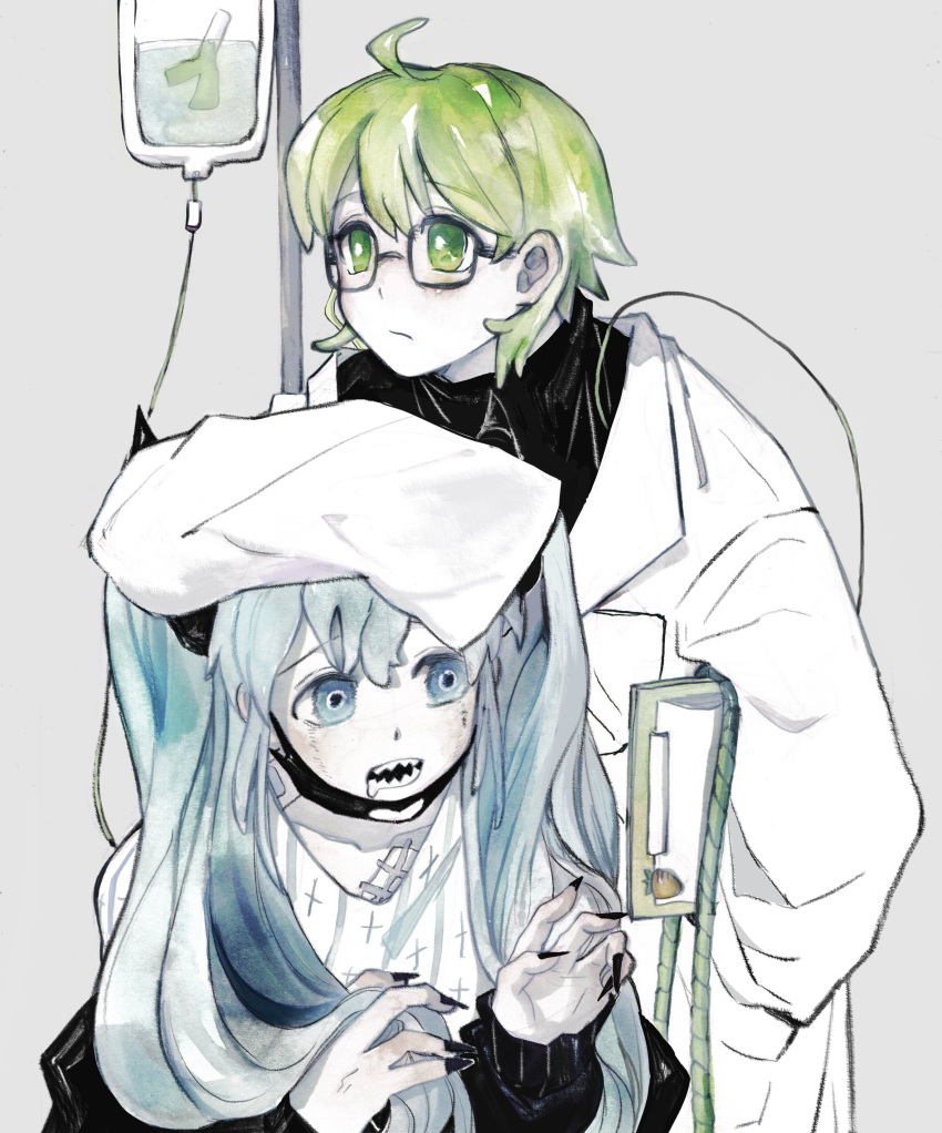 2girls absurdres black_nails food fruit glasses gumi hand_on_another's_head hatsune_miku highres intravenous_drip lab_coat looking_ahead mask mouth_mask multiple_girls neulbaram open_mouth rope saliva sharp_teeth simple_background slow_downer_(vocaloid) strawberry teeth vocaloid watercolor_effect