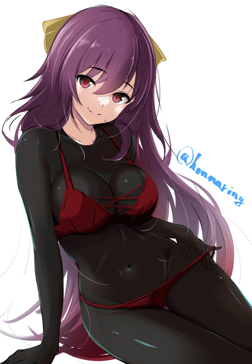 1girl absurdres arm_support black_bodysuit bodysuit bow bra breasts covered_navel hair_bow highres honma_(honmatomohiro) kamikaze_(kancolle) kantai_collection large_breasts looking_at_viewer panties purple_eyes purple_hair red_bra red_panties sitting skin_tight solo underwear yellow_bow