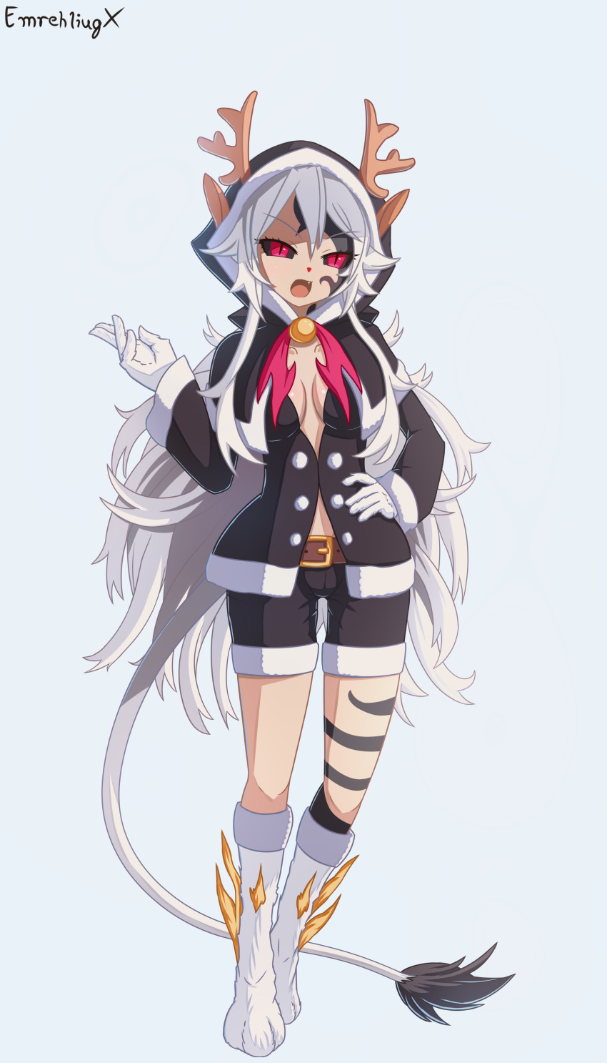 absurdres alternate_costume animal_ears antlers bare_legs black_santa_costume black_sclera breasts christmas cleavage colored_sclera corruption dark_persona deer_ears disgaea disgaea_rpg emrehliugx facial_tattoo gloves highres leg_tattoo liezerota_(disgaea) long_hair long_sleeves makai_senki_disgaea_5 official_alternate_eye_color official_alternate_hair_color open_mouth possessed purple_eyes reindeer_antlers santa_costume shorts slit_pupils tail tattoo void_dark_(disgaea) white_hair white_tail