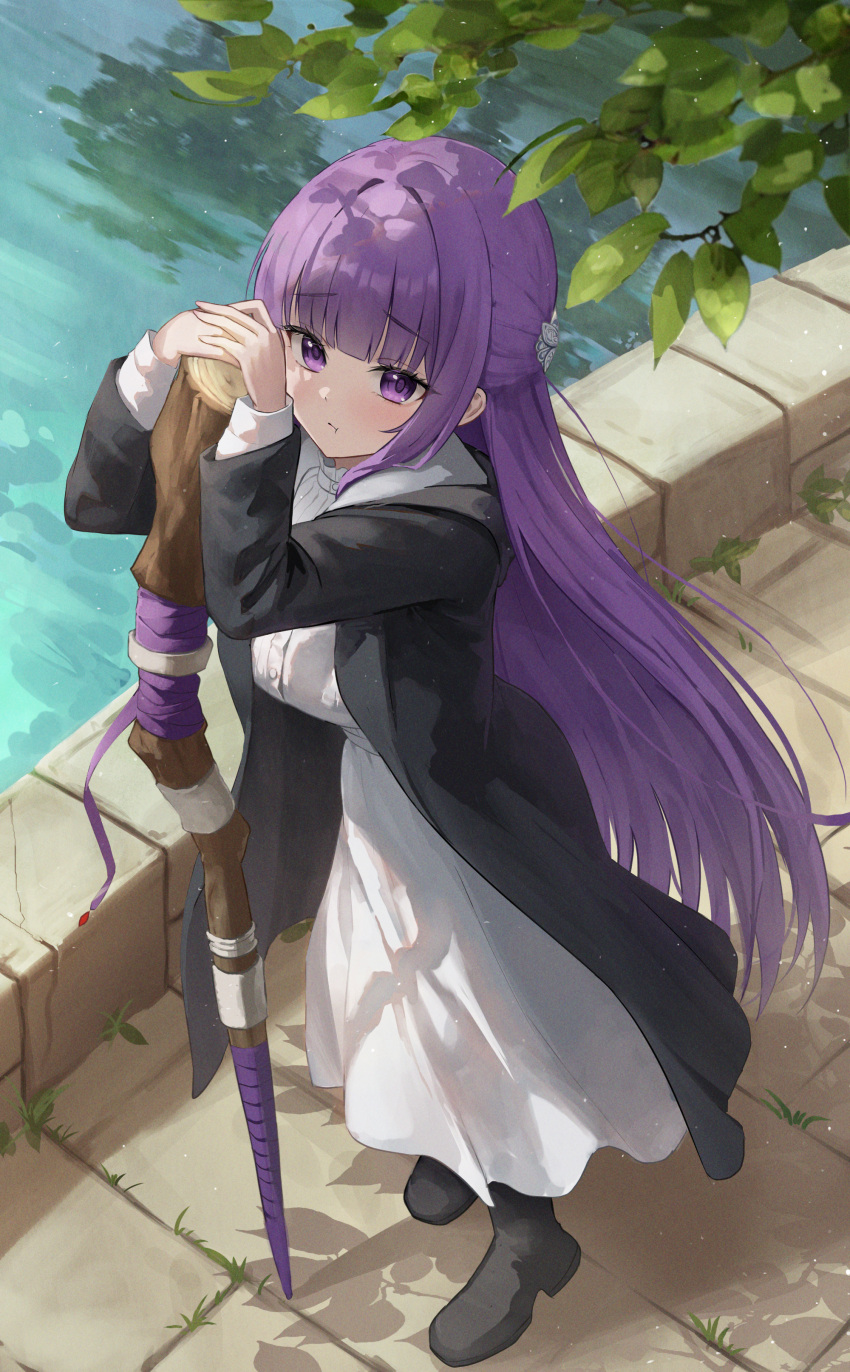 1girl absurdres black_coat black_footwear blunt_bangs blush boots breasts bridge brooch coat collar commentary dress fern_(sousou_no_frieren) frilled_collar frills highres jewelry large_breasts leaning_on_object long_dress long_hair long_sleeves looking_at_viewer pouch purple_eyes purple_hair purple_pupils solo sousou_no_frieren staff straight_hair ttusee5 water white_dress
