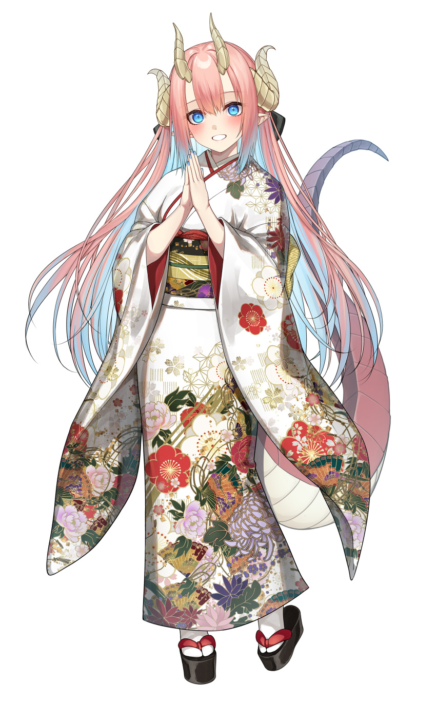 1girl absurdres blue_eyes blush chinese_zodiac commentary_request dragon_girl dragon_horns dragon_tail floral_print full_body go-1 highres horns japanese_clothes kimono long_hair looking_at_viewer multiple_horns new_year obi original own_hands_together pink_hair pointy_ears print_kimono sash simple_background smile socks solo standing tabi tail white_background white_kimono white_socks wide_sleeves year_of_the_dragon