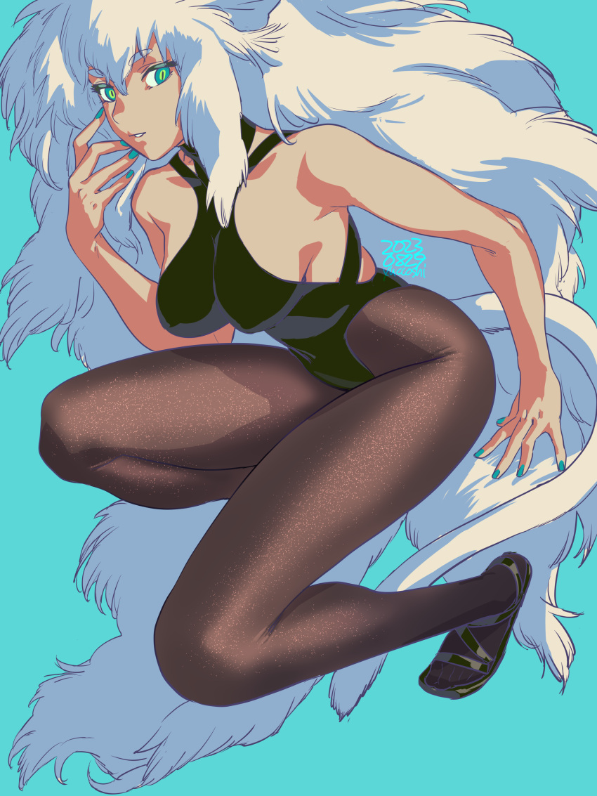 1girl 2023 absurdres artist_name bare_arms bare_shoulders big_hair black_footwear black_leotard black_pantyhose blue_eyes blue_nails breasts cat_tail dated fingernails hair_between_eyes hand_up highres leotard light_blue_background long_hair medium_breasts nail_polish original pantyhose parted_lips sandals simple_background solo tail very_long_hair white_hair white_tail yuccoshi
