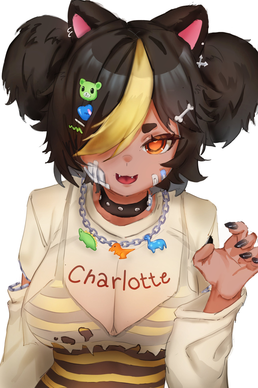 1girl absurdres animal_ears bandages bandaid bandaid_on_face bear_ears bear_girl bear_hair_ornament black_camisole black_choker black_hair black_nails blonde_hair bone_hair_ornament breasts brown_eyes camisole chain_necklace character_name charlotte_bear choker cleavage clothes_writing crop_top earrings fangs hair_ornament hair_over_one_eye highres indie_virtual_youtuber jewelry large_breasts lunarisbloom multicolored_clothes multicolored_hair necklace open_mouth see-through see-through_cleavage see-through_shirt shirt short_hair solo streaked_hair striped_camisole torn_clothes torn_shirt upper_body virtual_youtuber yellow_camisole