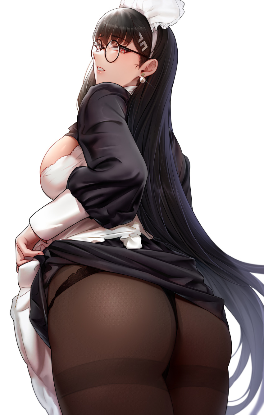 1girl absurdres apron ass black_hair black_shirt black_skirt blue_archive blush breasts brown_pantyhose earrings glasses hair_ornament hairclip highres hua-j jewelry large_breasts long_hair long_sleeves looking_at_viewer looking_back pantyhose red_eyes rio_(blue_archive) round_eyewear shirt skirt solo thighband_pantyhose white_apron