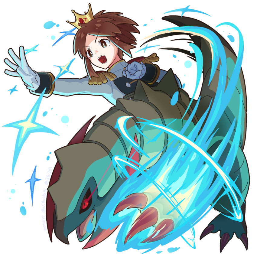 1boy arutarika_(ri_kaoekaki) bright_pupils brown_hair buttons clenched_hand commentary_request crown epaulettes gloves haxorus jacket long_sleeves male_focus mini_crown nate_(champion)_(pokemon) nate_(pokemon) official_alternate_costume open_mouth outstretched_arm pokemon pokemon_(creature) pokemon_masters_ex short_hair sparkle teeth tongue white_background white_pupils