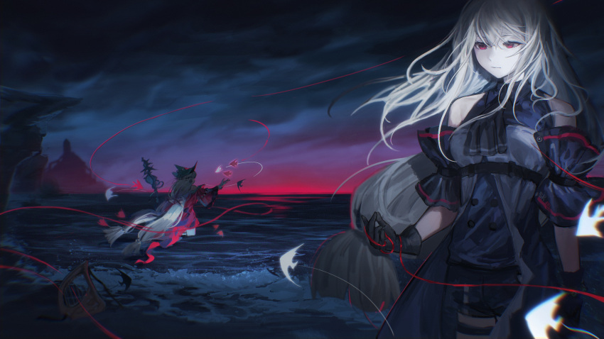 2girls absurdly_long_hair absurdres aqua_headwear arknights ascot bare_shoulders beach black_ascot black_gloves cliff clothing_cutout cloud cloudy_sky dark_sky dress dual_persona elite_ii_(arknights) fish gloves grey_hair harp highres holding holding_ribbon holding_staff instrument long_hair low_ponytail low_twintails mayf42 multiple_girls night ocean official_alternate_costume outdoors red_dress red_eyes red_ribbon red_sky ribbon rock scenery skadi_(arknights) skadi_the_corrupting_heart_(arknights) sky staff standing thigh_cutout twintails very_long_hair wading water waves