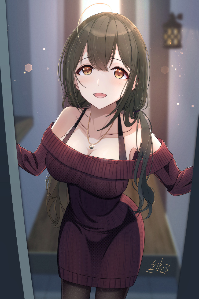 1girl :d absurdres ahoge armpits artist_name bare_shoulders blurry blurry_background blush bokeh bra_strap breasts brown_eyes brown_hair cleavage collarbone commentary_request depth_of_field dress hair_between_eyes highres idolmaster idolmaster_shiny_colors indoors jewelry kuwayama_chiyuki large_breasts long_hair long_sleeves looking_at_viewer necklace off-shoulder_sweater off_shoulder open_mouth pantyhose pov_doorway red_sweater sconce sikimosh smile solo sweater very_long_hair wooden_floor