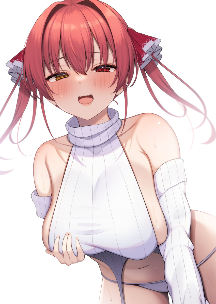 1girl absurdres breasts cleavage hair_between_eyes heterochromia highres hololive houshou_marine large_breasts leaning_forward long_hair long_sleeves looking_at_viewer meme_attire navel open_mouth red_eyes simple_background smile solo suzutarou_gunsou sweater turtleneck turtleneck_sweater twintails virgin_destroyer_sweater virtual_youtuber white_background white_sweater yellow_eyes