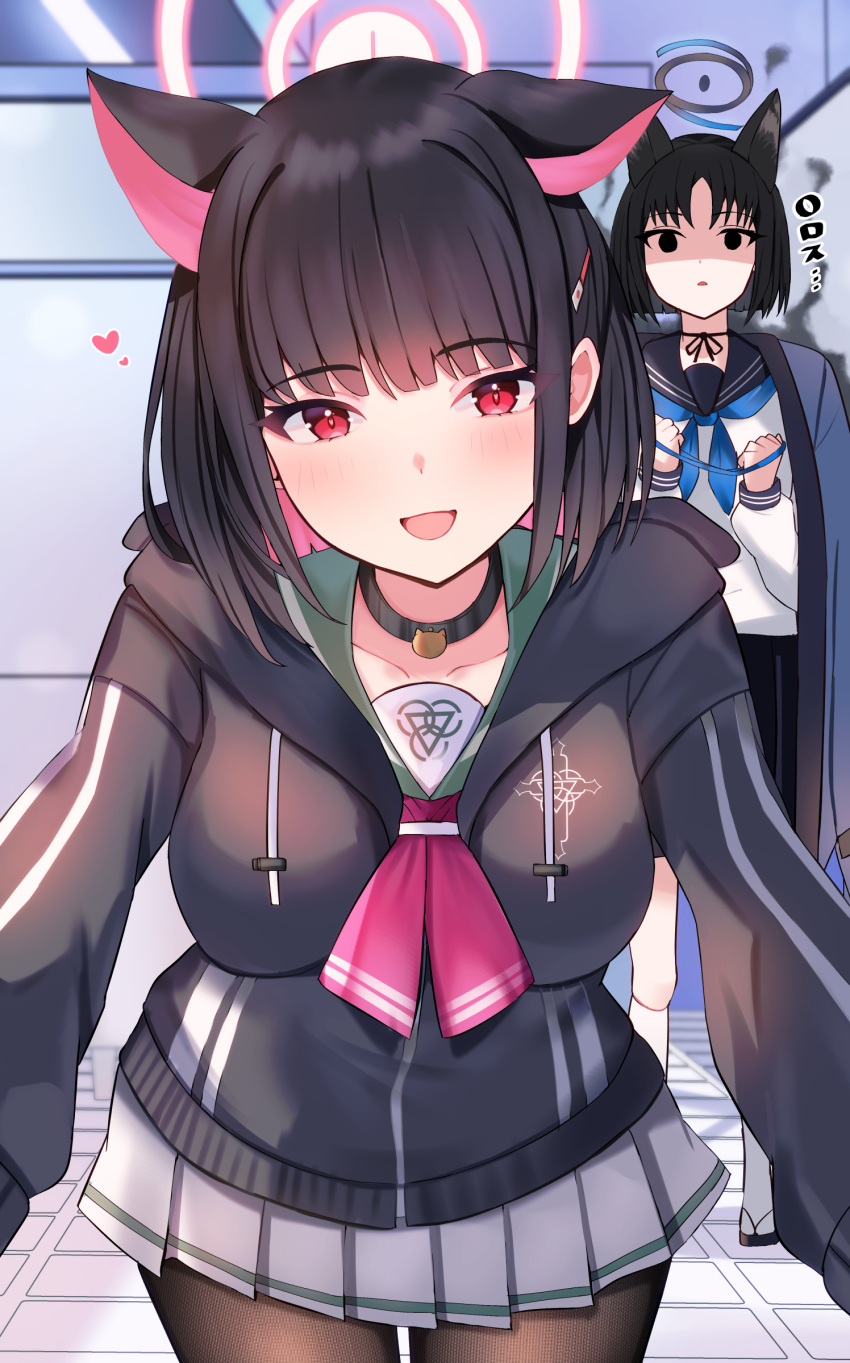 2girls black_choker black_eyes black_hair black_jacket black_pantyhose black_sailor_collar black_skirt blue_archive blue_halo blue_neckerchief blush choker collarbone colored_inner_hair green_sailor_collar halo haori heart highres hood hood_down hooded_jacket jacket japanese_clothes kazusa_(blue_archive) kikyou_(blue_archive) long_sleeves looking_at_viewer mi_taro333 multicolored_hair multiple_girls neckerchief open_mouth pantyhose pink_hair pink_halo pleated_skirt red_eyes sailor_collar school_uniform serafuku shaded_face short_hair skirt smile socks white_skirt white_socks