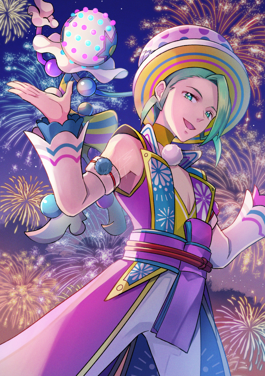 1boy :d blacephalon choker commentary_request detached_sleeves fireworks from_below green_eyes green_hair hat highres looking_at_viewer looking_down male_focus night official_alternate_costume open_mouth outdoors pokemon pokemon_(creature) pokemon_masters_ex purple_sash sash sky smile w_arms wallace_(new_year's_2024)_(pokemon) wallace_(pokemon) yellow_choker zeroki_(izuno)