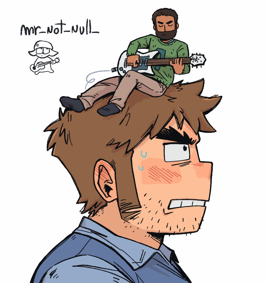 2boys bara beard beard_stubble blush closed_eyes collared_shirt couple doodle_inset facial_hair forked_eyebrows frown full_beard guitar highres instrument joseph_(scott_pilgrim) long_sideburns looking_up male_focus mini_person miniboy multiple_boys null_(mr_not_null) playing_guitar profile scott_pilgrim_(series) scott_pilgrim_takes_off shirt short_hair sideburns sideways_mouth sitting sparse_stubble stephen_stills thick_beard thick_eyebrows u_u white_background yaoi