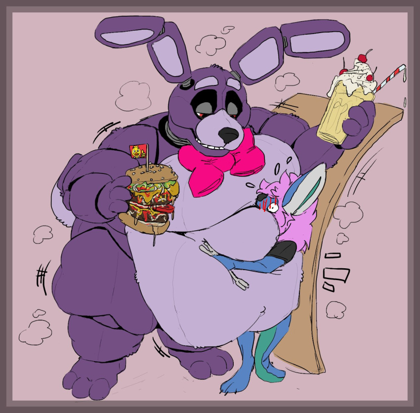 animatronic anthro belly_overhang big_food blush blush_lines bonnie_(fnaf) bow_tie duo five_nights_at_freddy's food hand_on_wall hi_res lagomorph leporid looking_at_another looking_down machine mammal obese overweight rabbit robot scottgames size_difference tools touching_belly voidflame wrench