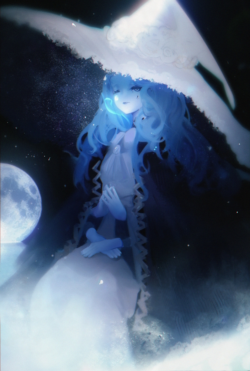 1girl absurdres blue_eyes blue_skin colored_skin crack cracked_skin dress elden_ring extra_arms extra_faces fur_coat hat highres long_hair looking_at_viewer mei_gushi_de_shen_yue moon night night_sky ranni_the_witch sky star_(sky) wavy_hair witch_hat