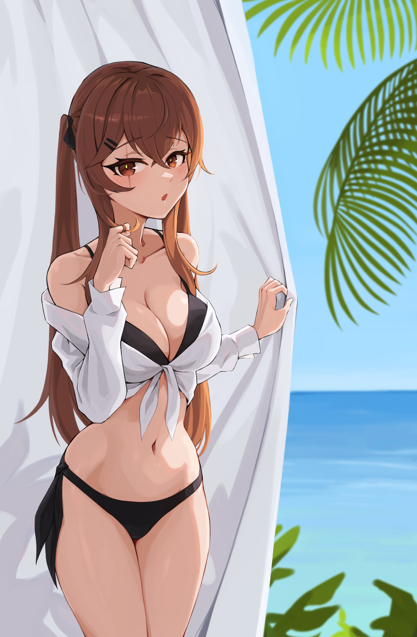 absurdres blush brown_hair copycat001 girls'_frontline hair_ornament highres looking_at_viewer midriff ocean plant playing_with_own_hair swimsuit twintails ump9_(girls'_frontline)