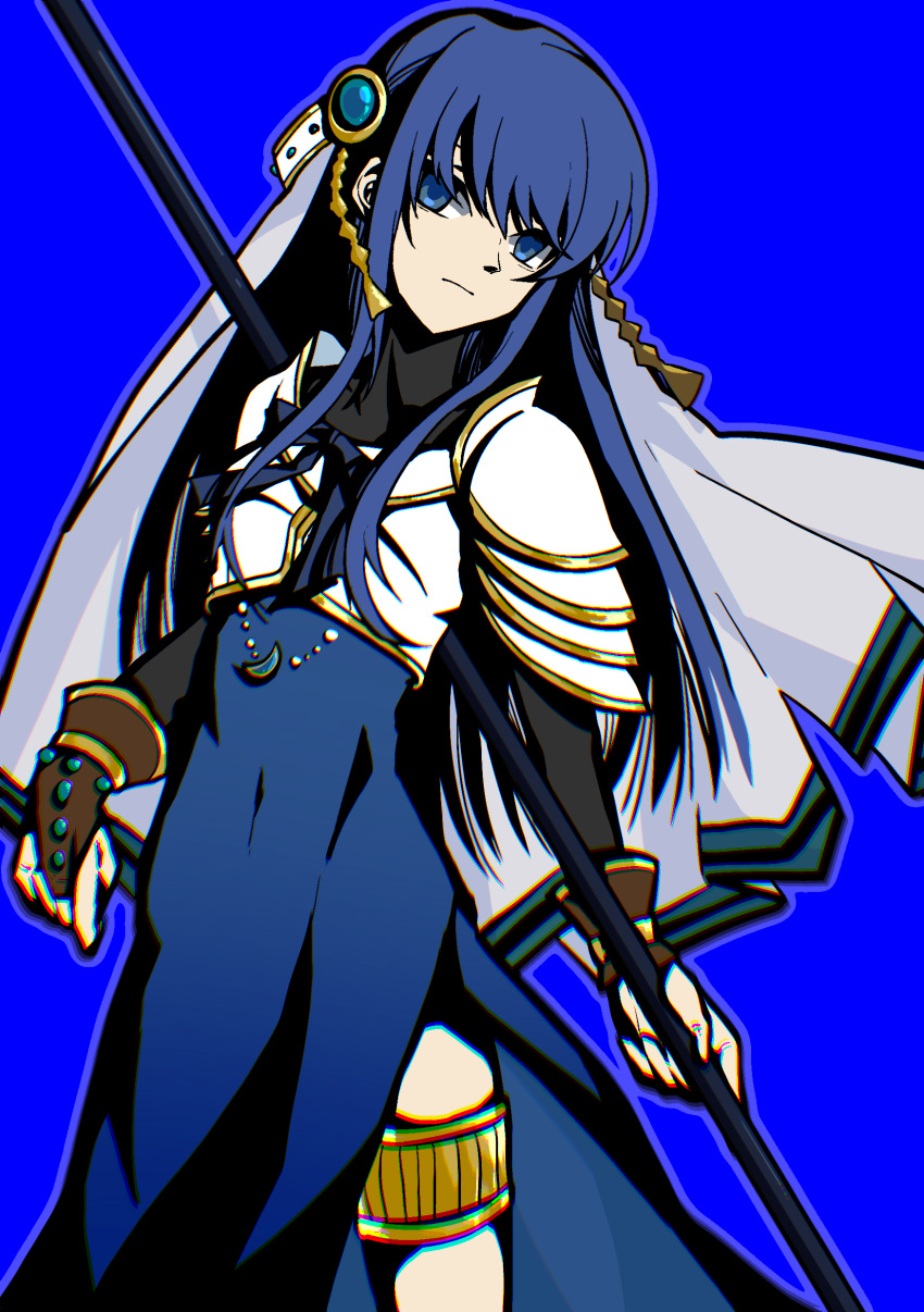 1girl absurdres alenda arm_at_side armor black_shirt blue_background blue_dress blue_eyes blue_hair breastplate bridal_gauntlets chromatic_aberration cowboy_shot crescent crescent_necklace dress high_contrast highres holding holding_pole jewelry long_hair looking_at_viewer magia_record:_mahou_shoujo_madoka_magica_gaiden magical_girl mahou_shoujo_madoka_magica nanami_yachiyo necklace pole shirt shirt_under_dress side_slit sidelocks simple_background solo thighlet turtleneck veil white_armor