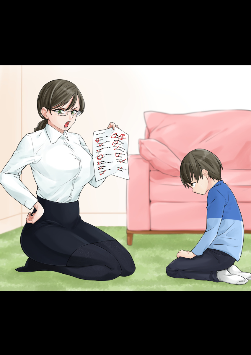 1boy 1girl absurdres age_difference and_opi breasts highres large_breasts mother_and_son original scolding seiza shirt sitting test