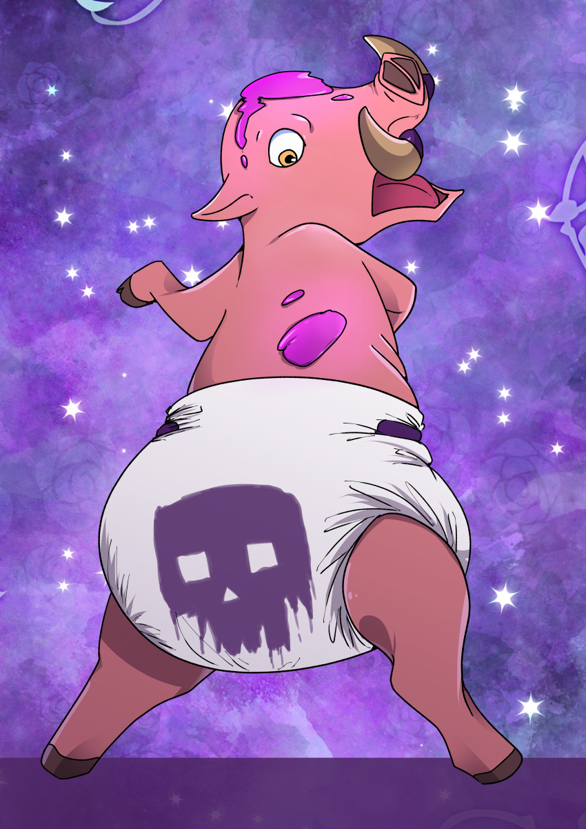 absurd_res ambiguous_gender anthro clothed clothing diaper diaper_only domestic_pig hi_res hooves infantilism mammal purple_background rear_view simple_background skull_symbol slime solo sparkles suid suina sus_(pig) tapirclip topless tusks wearing_diaper white_diaper