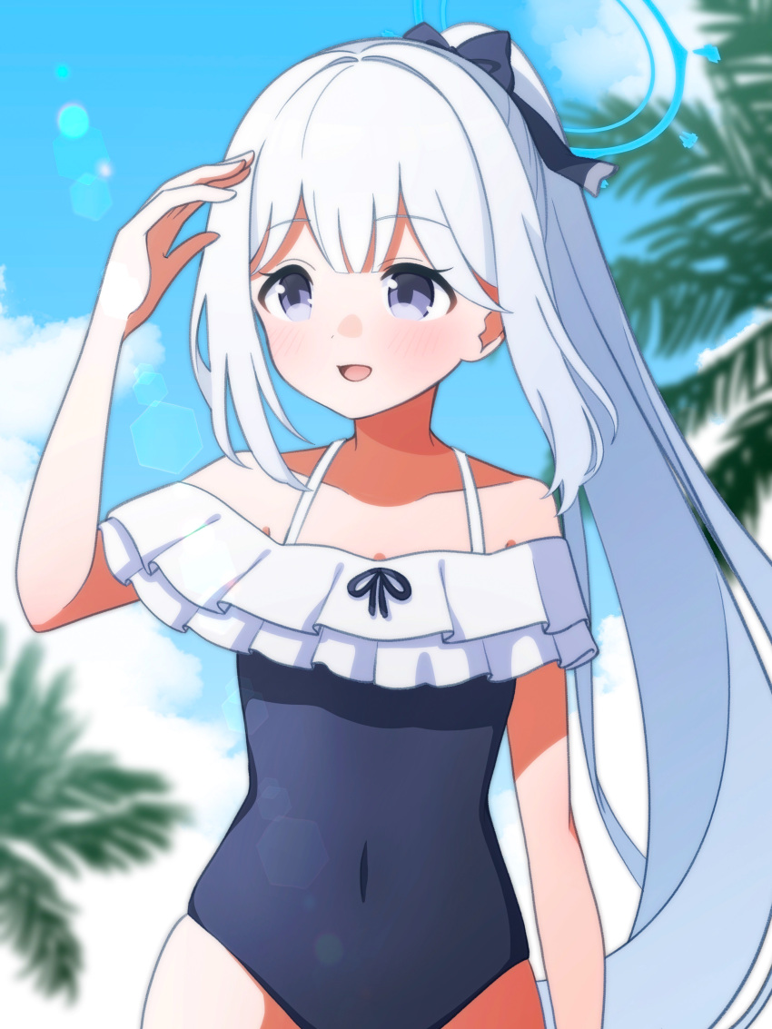 1girl absurdres bare_arms bare_shoulders black_one-piece_swimsuit blue_archive blue_halo blush cowboy_shot day frilled_one-piece_swimsuit frills grey_hair halo highres long_hair miyako_(blue_archive) miyako_(swimsuit)_(blue_archive) off-shoulder_one-piece_swimsuit off_shoulder official_alternate_costume one-piece_swimsuit open_mouth outdoors petako_(ptpt_k) ponytail purple_eyes smile solo swimsuit