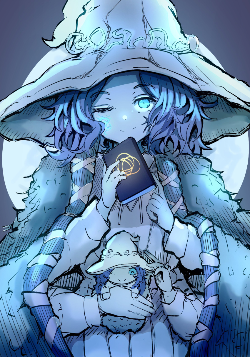 1girl absurdres blue_eyes blue_skin book colored_skin crack cracked_skin doll dress elden_ring extra_arms fur_coat hat highres long_hair looking_at_viewer one_eye_closed ranni_the_witch sae_art smile solo wavy_hair