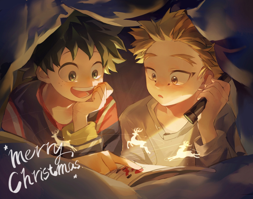 2boys aged_down blonde_hair blurry boku_no_hero_academia book child christmas facial_mark flashlight foreground_text forked_eyebrows freckles green_eyes green_hair grey_shirt hair_slicked_back hand_up happy hawks_(boku_no_hero_academia) head_on_hand head_rest highres holding holding_flashlight light long_sleeves looking_at_object looking_down lower_teeth_only male_focus merry_christmas midoriya_izuku mimiko_(earnothungry) multicolored_clothes multiple_boys onesie open_book open_mouth pointing reindeer santa_claus see-through_silhouette shirt short_hair smile star_(symbol) t-shirt teeth time_paradox triangle upper_body yellow_eyes