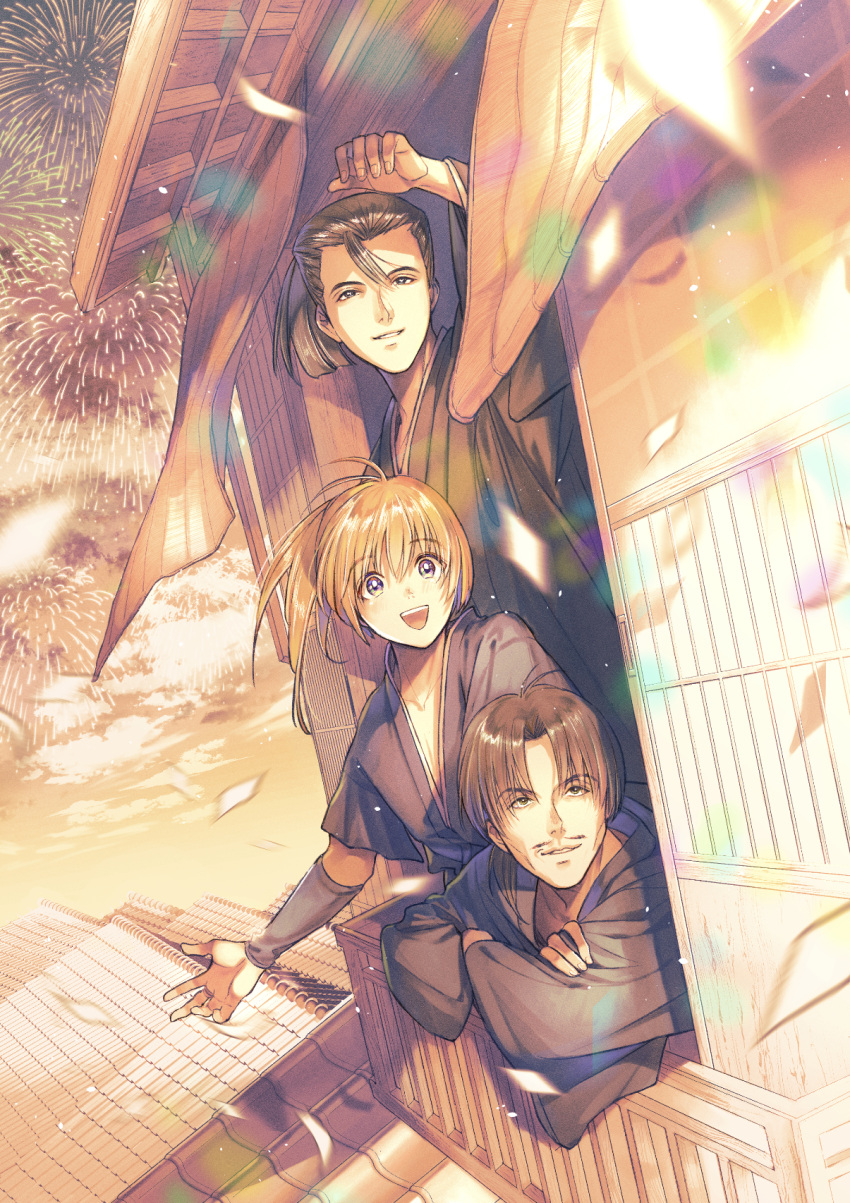 3boys :d aerial_fireworks architecture arm_guards arm_rest bangs black_hair blunt_ends confetti crossed_arms curtains dutch_angle east_asian_architecture facial_hair fireworks from_outside from_side hair_between_eyes hair_pulled_back hand_up happy high_ponytail highres himura_kenshin japanese_clothes kimono long_sleeves looking_afar looking_away looking_to_the_side male_focus multiple_boys mustache natsu_mikan_(level9) open_mouth orange_hair outstretched_arm ponytail purple_eyes rooftop rurouni_kenshin shading_eyes short_sleeves smile through_window window