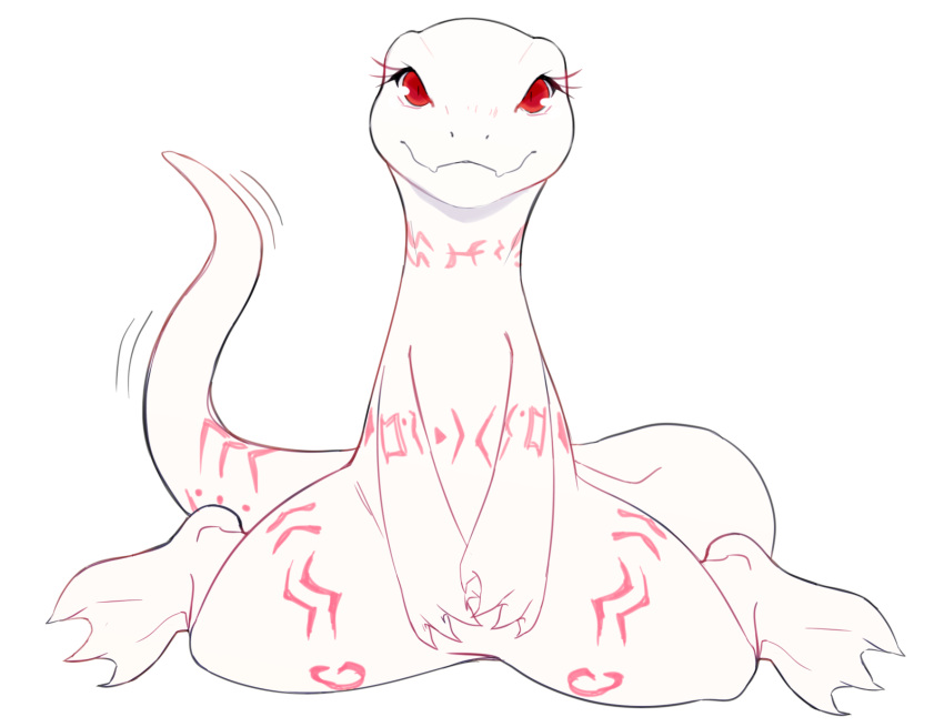 2018 3_toes albino anthro arm_markings belly belly_markings big_tail biped crusch_lulu cute_fangs digital_drawing_(artwork) digital_media_(artwork) digitigrade eyelashes featureless_crotch feet female flat_chested flat_colors front_view hi_res leg_markings lizard lizardman_(overlord) long_neck long_tail looking_at_viewer markings membrane_(anatomy) motion_lines neck_markings nude overlord_(series) pink_markings pupils red_eyes reptile rune4 scalie simple_background sitting slit_pupils smile smiling_at_viewer solo tail_markings tail_motion tailwag thick_tail thigh_markings toes tribal tribal_markings webbed_feet white_background white_body