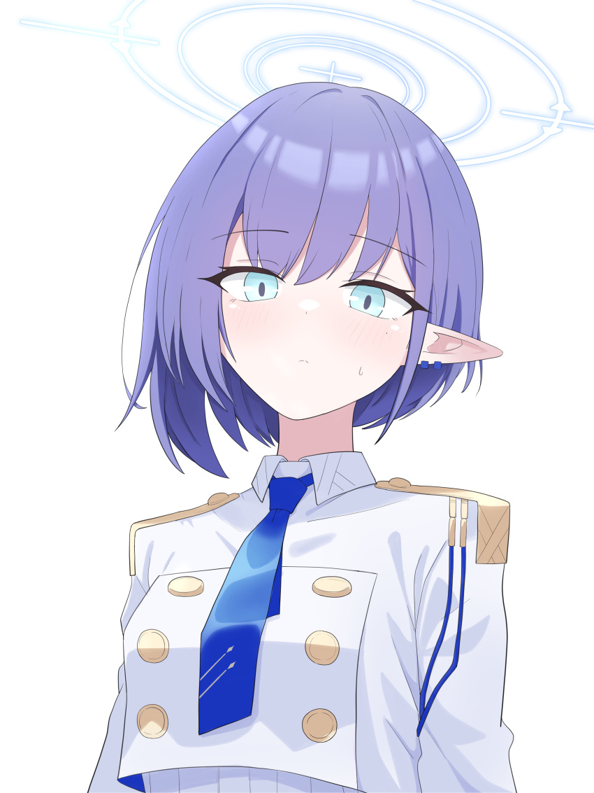 1girl absurdres aoi_(blue_archive) blue_archive blue_eyes blue_necktie buttons closed_mouth collared_jacket cropped_jacket earrings epaulettes halo highres jacket jewelry light_blush long_sleeves looking_at_viewer necktie pointy_ears purple_hair saho_4545 short_hair simple_background solo upper_body white_background