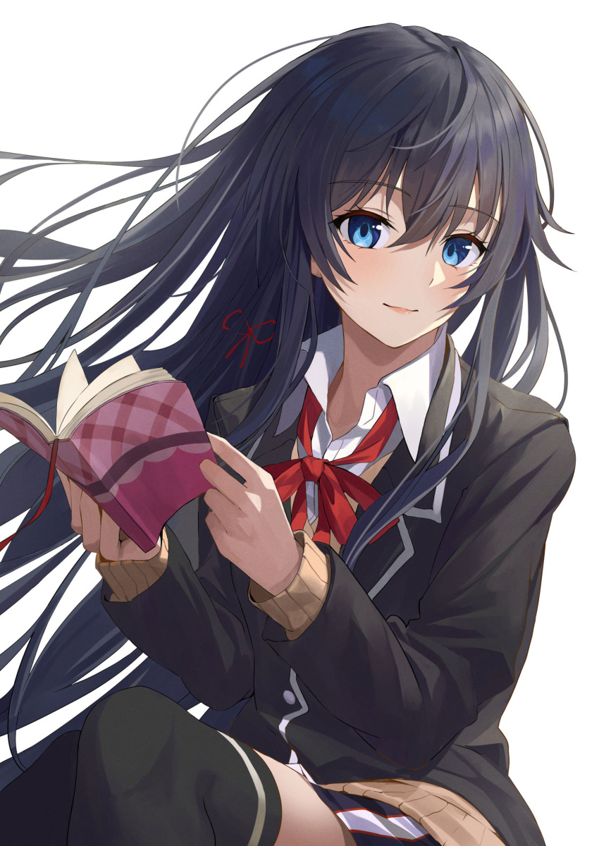 1girl absurdres black_hair black_jacket black_thighhighs blazer blue_eyes book brown_cardigan cardigan chakuma_(yiyh1468) closed_mouth commentary_request hair_ribbon highres holding holding_book jacket long_hair long_sleeves looking_at_viewer miniskirt neck_ribbon plaid plaid_skirt red_ribbon ribbon school_uniform shirt simple_background sitting skirt sobu_high_school_uniform solo thighhighs white_background white_shirt yahari_ore_no_seishun_lovecome_wa_machigatteiru. yukinoshita_yukino zettai_ryouiki