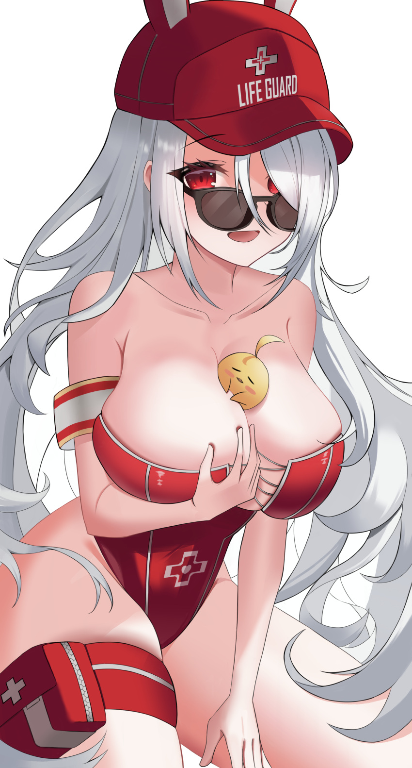 1girl absurdres animal_ears azur_lane bare_shoulders between_breasts black-framed_eyewear breasts casual_one-piece_swimsuit cleavage collarbone commission fake_animal_ears grabbing_own_breast grey_hair hair_over_one_eye hat highres large_breasts lifeguard long_hair looking_at_viewer looking_over_eyewear manjuu_(azur_lane) official_alternate_costume one-piece_swimsuit pixiv_commission prinz_heinrich_(azur_lane) prinz_heinrich_(rabbit_on_watch)_(azur_lane) rabbit_ears red_eyes red_headwear red_one-piece_swimsuit simple_background smile solo strapless strapless_one-piece_swimsuit sunglasses swimsuit thigh_pouch thighs white_background wynnblue