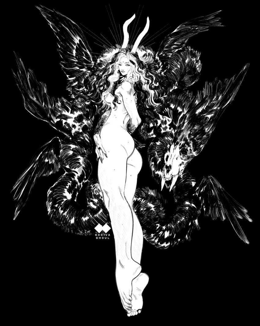 1girl animal_skull arm_behind_back arm_hair artist_logo artist_name ass back barefoot black_background black_nails black_wings breasts collar completely_nude creature dragon facial_mark feathered_wings feet fingernails floating forehead_mark from_below from_side full_body godiva_ghoul greyscale hair_over_shoulder hand_on_own_opposite_hip hatching_(texture) highres horns leg_hair legs lips long_fingernails long_hair long_horns looking_at_viewer median_furrow monochrome multicolored_hair multiple_moles multiple_wings nail_polish nipples nostrils nude one_eye_closed original perky_breasts plantar_flexion sharp_fingernails small_breasts soles solo spiked_collar spikes sunburst toe_scrunch toenail_polish toenails toes two-tone_hair wavy_hair wings wyvern