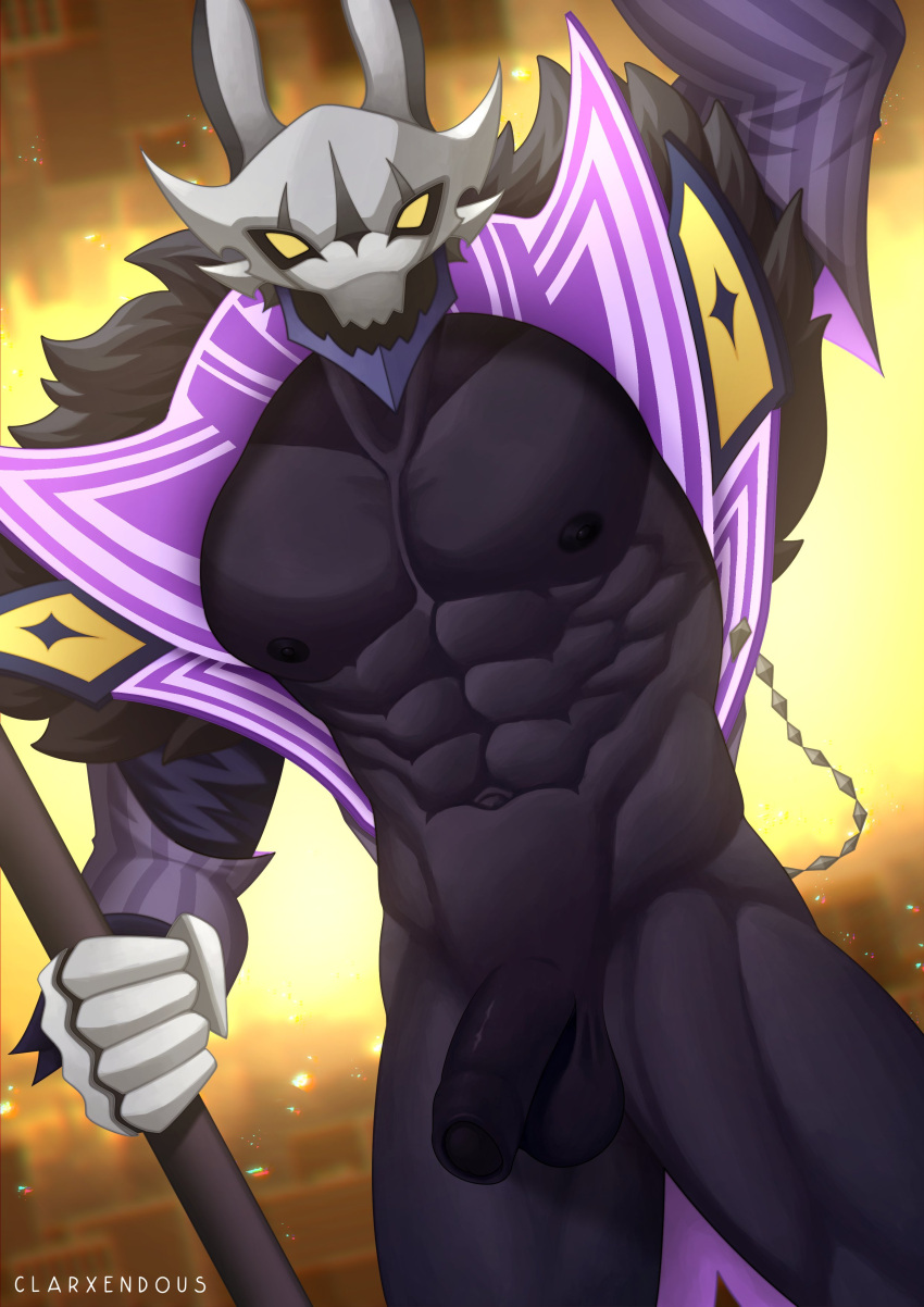 2023 5_fingers abs absurd_res anthro armor ascended balls black_balls black_body black_glans black_nipples black_penis black_skin bottomwear canid canine canis clarxender claw_fingers clothing detailed_background digital_drawing_(artwork) digital_media_(artwork) dream_raider_nasus empty_eyes fingers flaccid foreskin fur_collar genitals glans headgear helmet hi_res holding_object jackal jacket jockstrap league_of_legends looking_at_viewer male male/male mammal multicolored_clothing multicolored_helmet multicolored_jacket multicolored_jockstrap multicolored_topwear muscular muscular_anthro muscular_male muscular_thighs nasus_(lol) navel nipples open_mouth pants partially_retracted_foreskin pecs penis presenting raised_arm riot_games signature solo staff topwear underwear urethra white_clothing white_fingers white_jockstrap white_underwear yellow_eyes