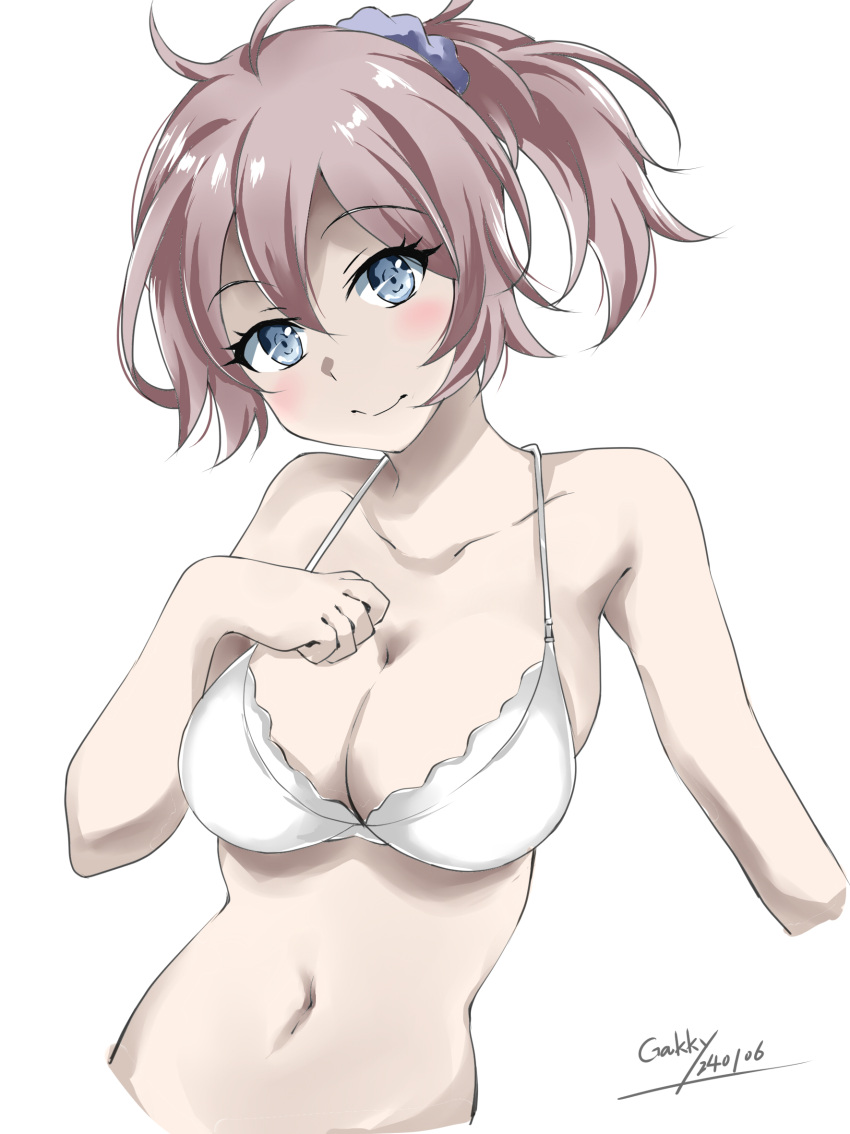 1girl ahoge aoba_(kancolle) bikini blue_eyes blue_scrunchie breasts cropped_arm gakky highres kantai_collection looking_at_viewer medium_breasts messy_hair navel one-hour_drawing_challenge ponytail purple_hair scrunchie short_hair simple_background smile solo swimsuit upper_body white_background white_bikini