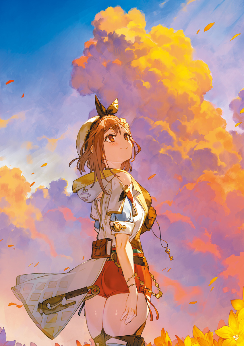 1girl atelier_(series) atelier_ryza atelier_ryza_3 belt beret blush braid brown_eyes brown_hair closed_mouth cloud cloudy_sky flower gloves gradient_sky hair_ornament hairclip hat highres hood hood_down key looking_up medium_hair official_art outdoors petals red_shorts reisalin_stout short_sleeves shorts single_glove sky smile sunset thighs toridamono
