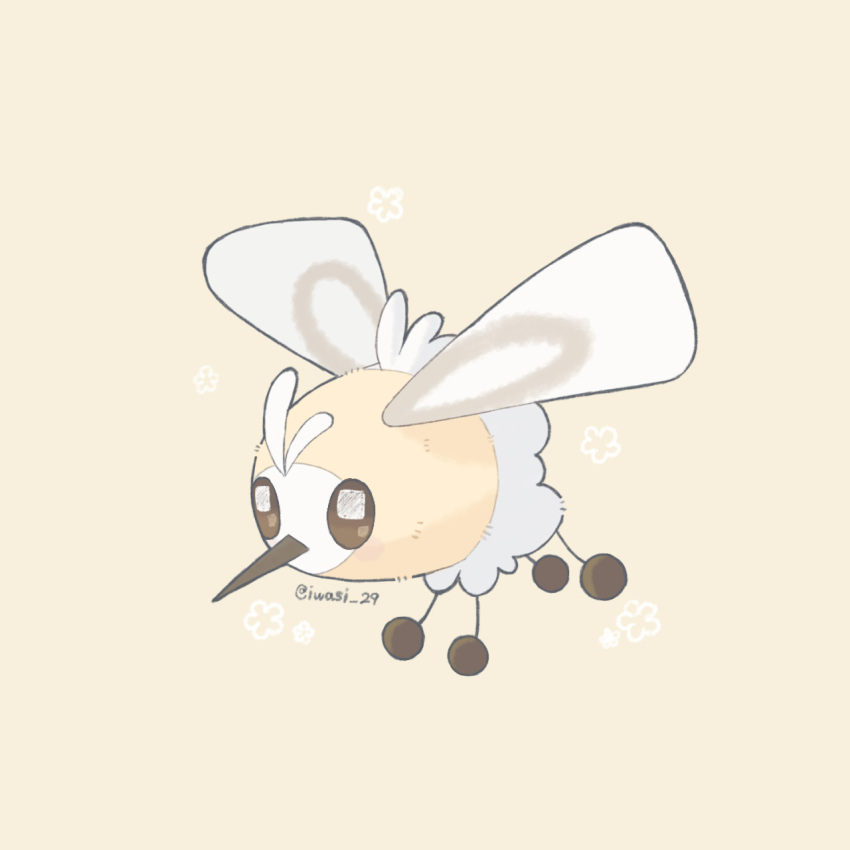 animal_focus artist_name brown_eyes bug colored_skin commentary_request cutiefly flower highres iwasi_29 multicolored_skin no_humans pokemon pokemon_(creature) simple_background twitter_username two-tone_skin white_skin wings yellow_background yellow_skin