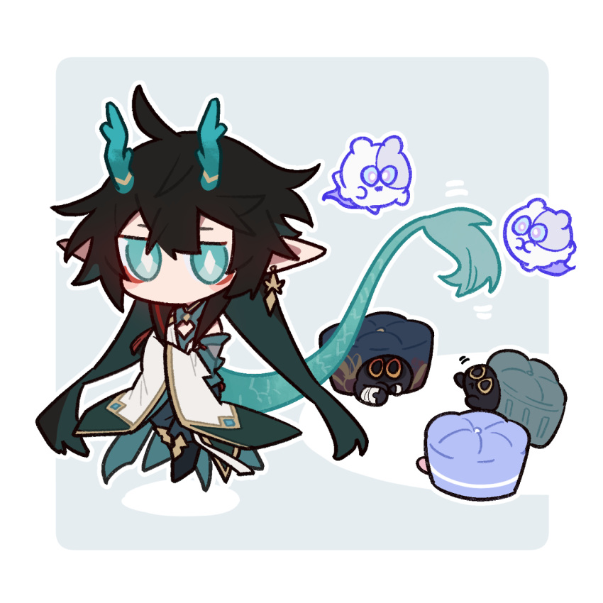 1boy ahoge aqua_eyes aqua_horns aqua_tail black_cat black_footwear black_hair blade_(sesame_cake)_(honkai:_star_rail) bright_pupils cat chibi cleavage_cutout clothing_cutout colored_inner_hair commentary_request critter_pick_(honkai:_star_rail) dan_heng_(honkai:_star_rail) dan_heng_(imbibitor_lunae)_(honkai:_star_rail) detached_sleeves diamond-shaped_pupils diamond_(shape) dragon_tail earrings eyeliner floating highres honkai:_star_rail honkai_(series) horns jewelry jitome long_hair makeup male_focus march_7th_(ice_cake)_(honkai:_star_rail) motion_lines multicolored_hair no_mouth outline pink_cat pointy_ears red_eyeliner rounded_corners shigetake_(buroira) shoes single_detached_sleeve single_earring solo symbol-shaped_pupils tail trailblazer_(trash_cake)_(honkai:_star_rail) very_long_hair white_outline white_pupils wide_sleeves wubbaboo_(honkai:_star_rail)