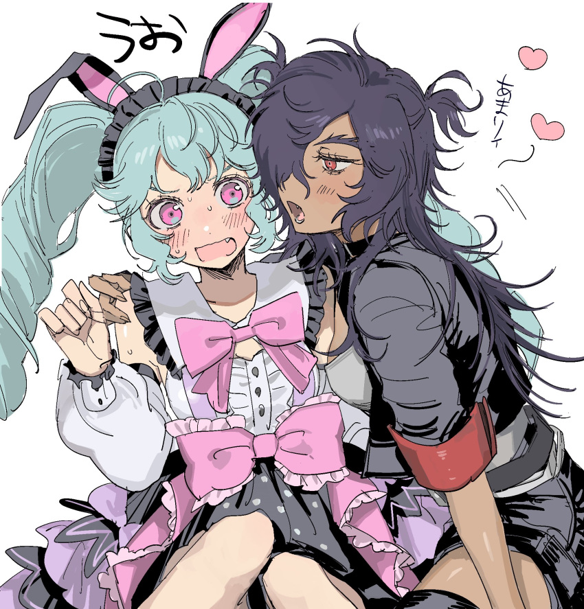 2girls animal_ears black_jacket blowing_in_ear blue_hair bow commentary_request confused dark-skinned_female dark_skin drill_hair embarrassed fang genderswap genderswap_(mtf) hair_over_one_eye hand_on_another's_shoulder heart highres idol_clothes idol_land_pripara jacket katasumi_amari long_hair long_sleeves looking_at_another mario_(pripara) multiple_girls open_mouth pink_bow pink_eyes pretty_series pripara rabbit_ears simple_background sitting smile translation_request twin_drills twintails white_background yumei_(jigoku101) yuri