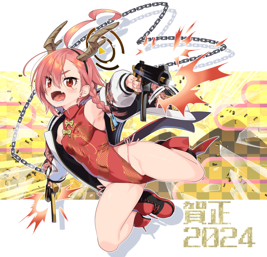 1girl 2024 black_jacket blue_archive breasts china_dress chinese_clothes dragon_horns dress fang firing gun highres holding holding_gun holding_weapon horns jacket long_hair long_sleeves looking_at_viewer midair neru_(blue_archive) open_mouth red_dress red_eyes red_footwear red_hair shinozuka_atsuto shoes skin_fang sleeveless sleeveless_dress small_breasts smile sneakers solo weapon