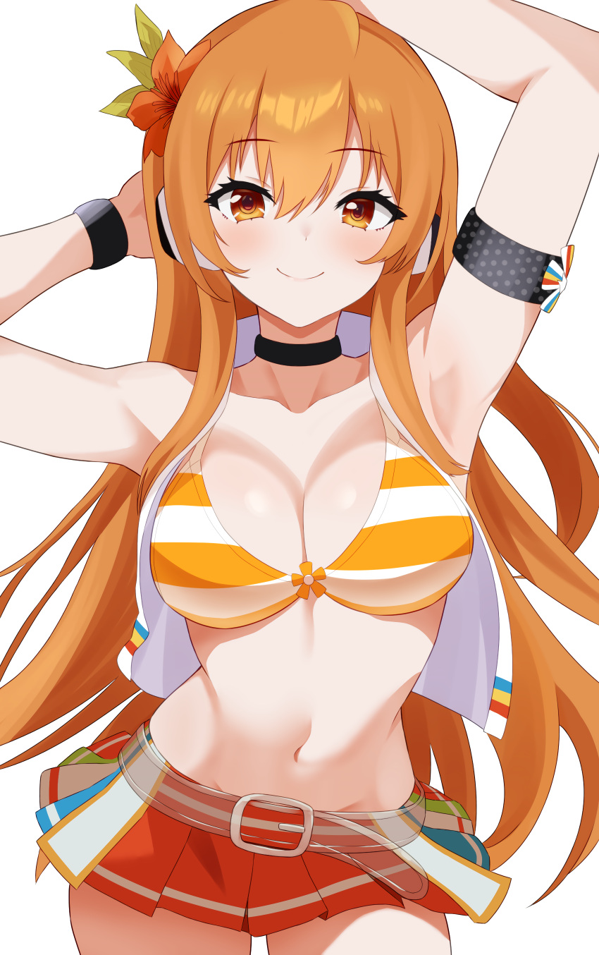 1girl absurdres armpits arms_up beatmania_iidx belt bikini bikini_skirt black_choker breasts choker cleavage flower hair_flower hair_ornament highres large_breasts long_hair looking_at_viewer navel orange_belt orange_bikini orange_eyes orange_hair pleated_skirt raimu_(clanberry000) simple_background skirt smile solo striped striped_bikini swimsuit umegiri_iroha white_background