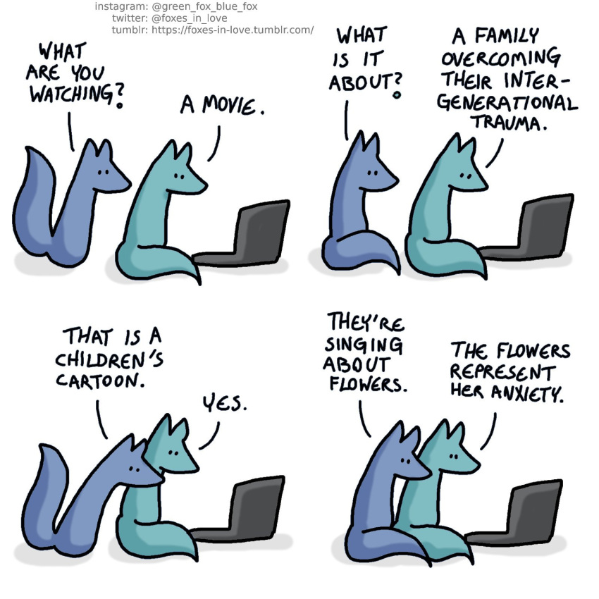 1:1 ? blue_body blue_fox_(foxes_in_love) blue_fur blue_tail canid canine comic computer dialogue duo english_text feral fox foxes_in_love fur green_body green_fox_(foxes_in_love) green_fur green_tail hi_res laptop male_(lore) mammal shadow simple_background text url