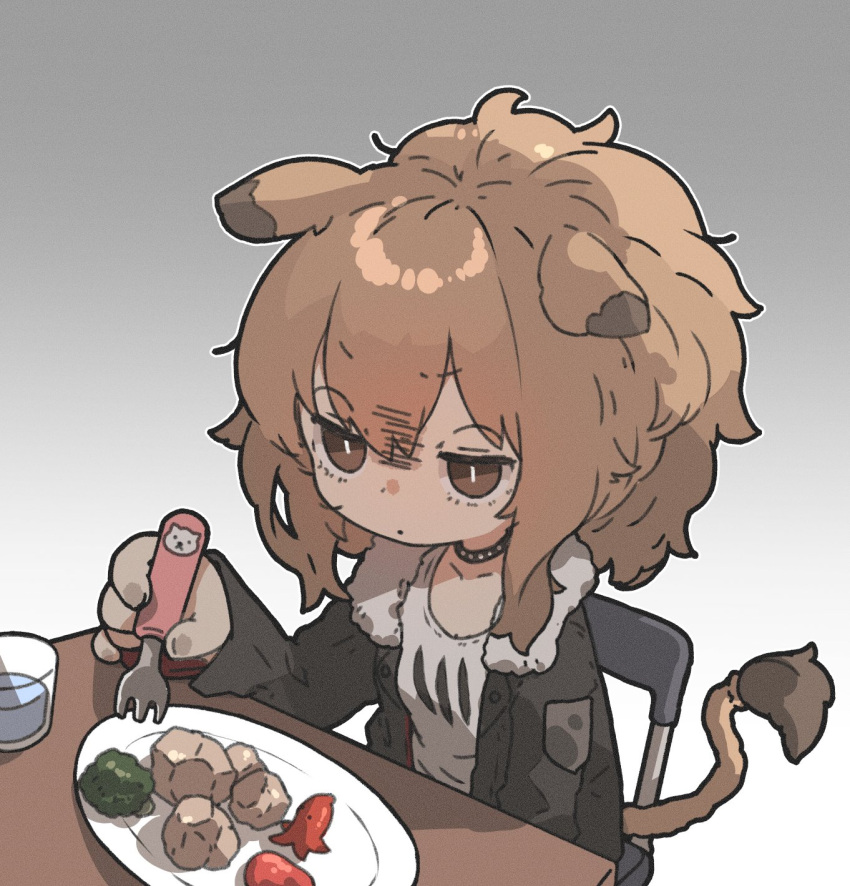 1girl amonitto animal_ears arknights black_jacket breasts broccoli brown_eyes brown_hair chair chibi choker closed_mouth cup ears_down food fork highres holding holding_fork jacket jitome lion_ears lion_girl lion_tail long_sleeves plate sausage shirt siege_(arknights) sitting small_breasts solo table tail white_shirt