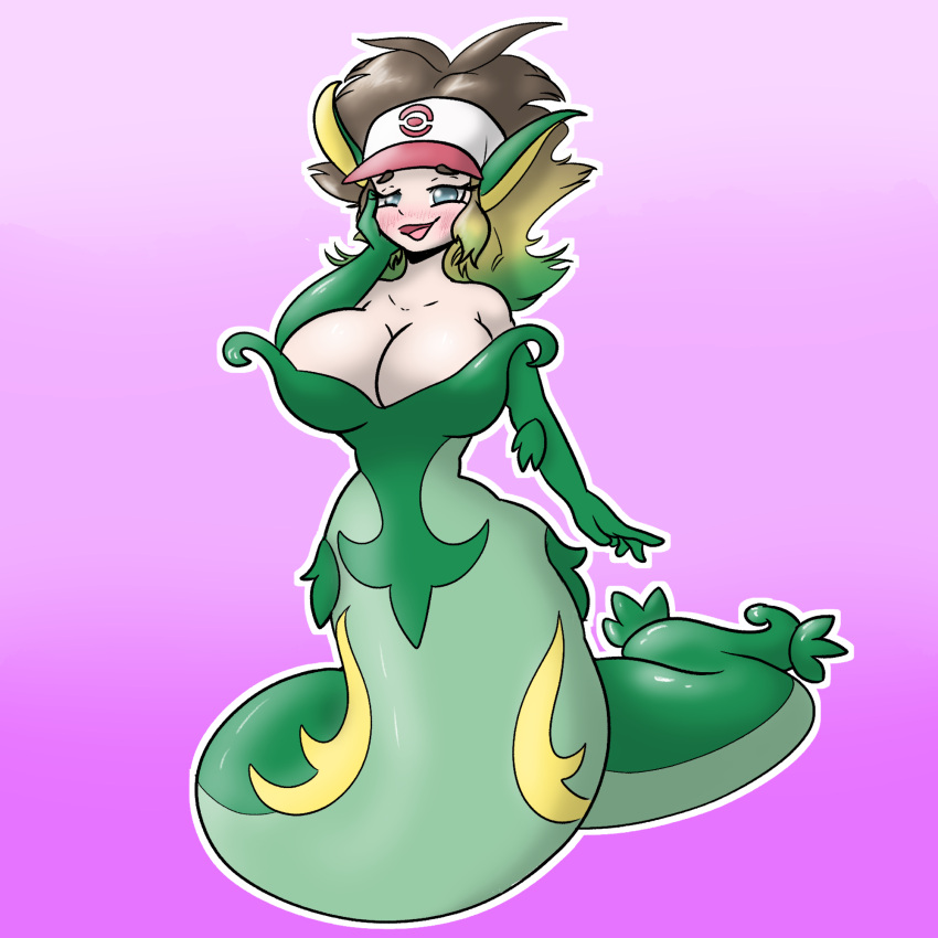 apode big_breasts blonde_hair blue_eyes blush blush_lines breasts brown_hair clothing colored draconcopode female generation_5_pokemon green_body green_hair hair hand_on_head hat headgear headwear hi_res hilda_(pokemon) humanoid legless long_tail naga nintendo open_mouth open_smile pokemon pokemon_(species) pokemon_humanoid quickcast reptile scalie serpentine serperior smile snake solo tail thick_thighs tied_hair
