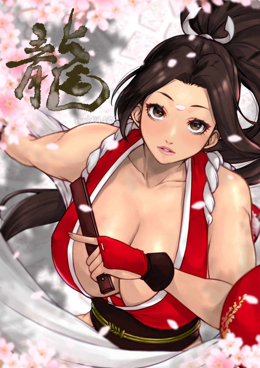 1girl 2024 arm_guards bare_shoulders blush breasts brown_eyes brown_hair cleavage fatal_fury folded_fan folding_fan hand_fan high_ponytail highres holding holding_fan japanese_clothes large_breasts long_hair looking_at_viewer ninja ponytail revealing_clothes rope shiranui_mai sideboob sk_(sk-g) snk solo the_king_of_fighters