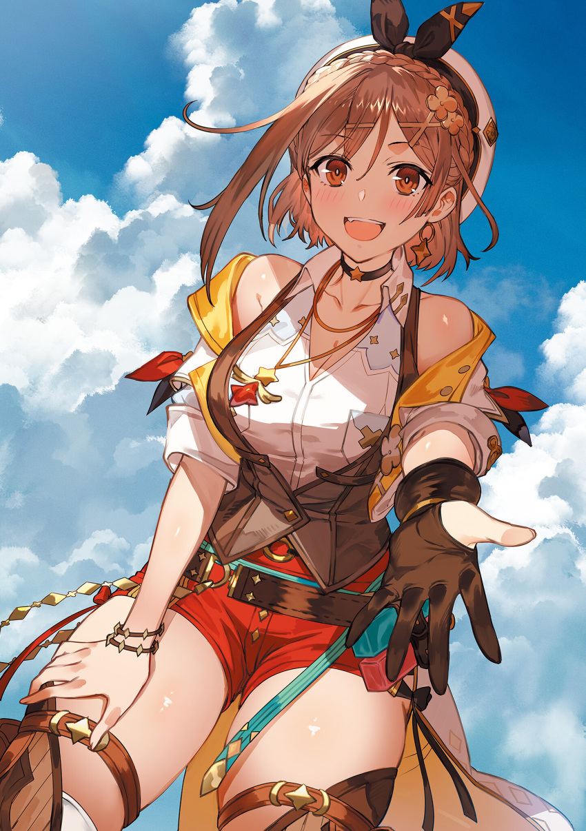1girl atelier_(series) atelier_ryza atelier_ryza_3 bare_shoulders belt beret blue_sky blush braid breasts brown_eyes brown_hair choker cloud cloudy_sky collarbone day fingernails flask gloves hair_ornament hairclip hat highres jewelry leaning_forward looking_at_viewer medium_breasts medium_hair necklace official_art open_mouth outdoors outstretched_hand red_shorts reisalin_stout short_sleeves shorts single_glove sky smile solo teeth thighs toridamono upper_teeth_only x_hair_ornament