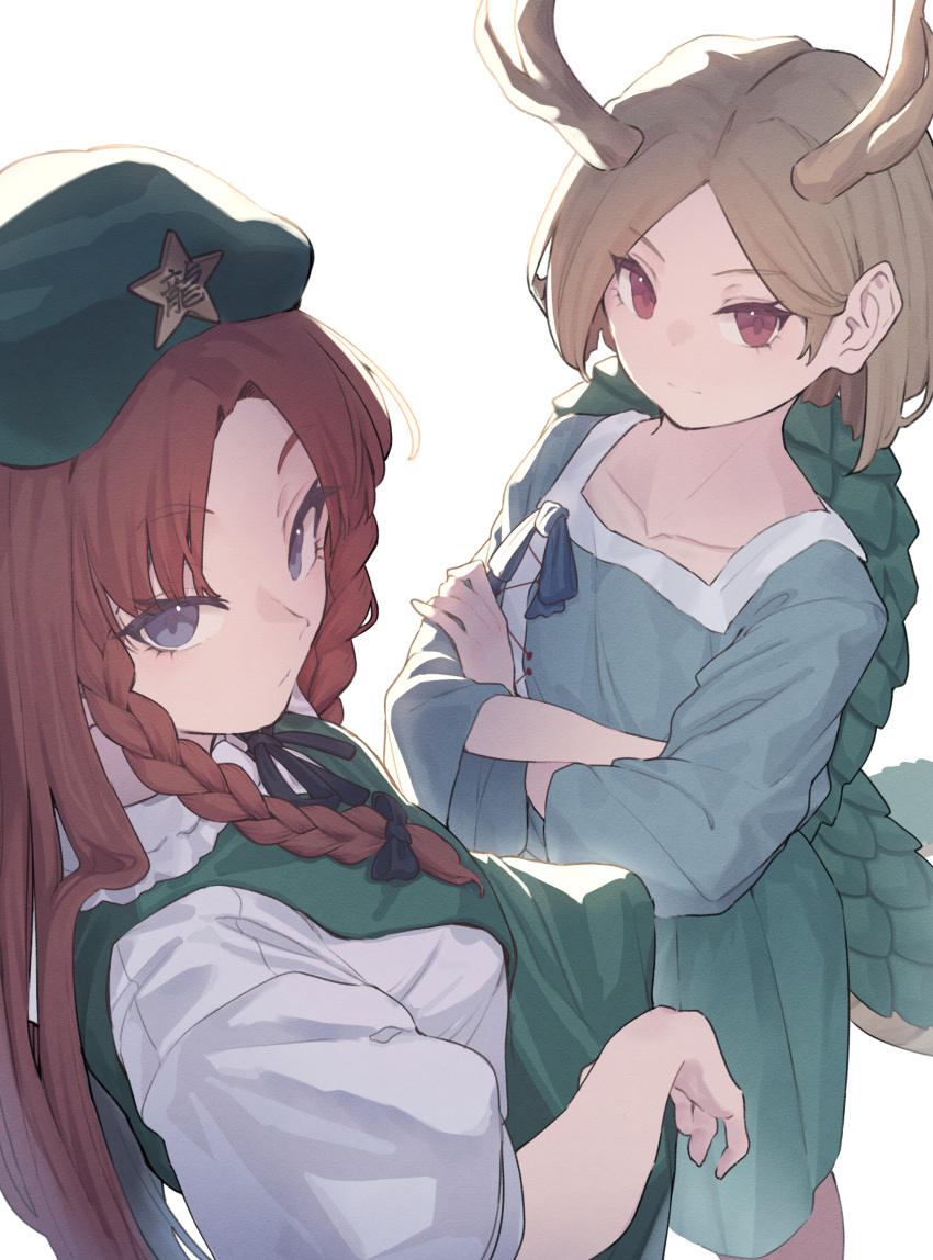 2girls absurdres blonde_hair blue_eyes blue_shirt braid closed_mouth collared_shirt crossed_arms dragon_horns dragon_tail dress garasuno green_dress green_headwear green_skirt hat_ornament highres hong_meiling horns kicchou_yachie long_hair looking_at_viewer multiple_girls red_eyes red_hair shirt short_hair short_sleeves simple_background skirt star_(symbol) star_hat_ornament tail touhou turtle_shell twin_braids white_background white_shirt yellow_horns