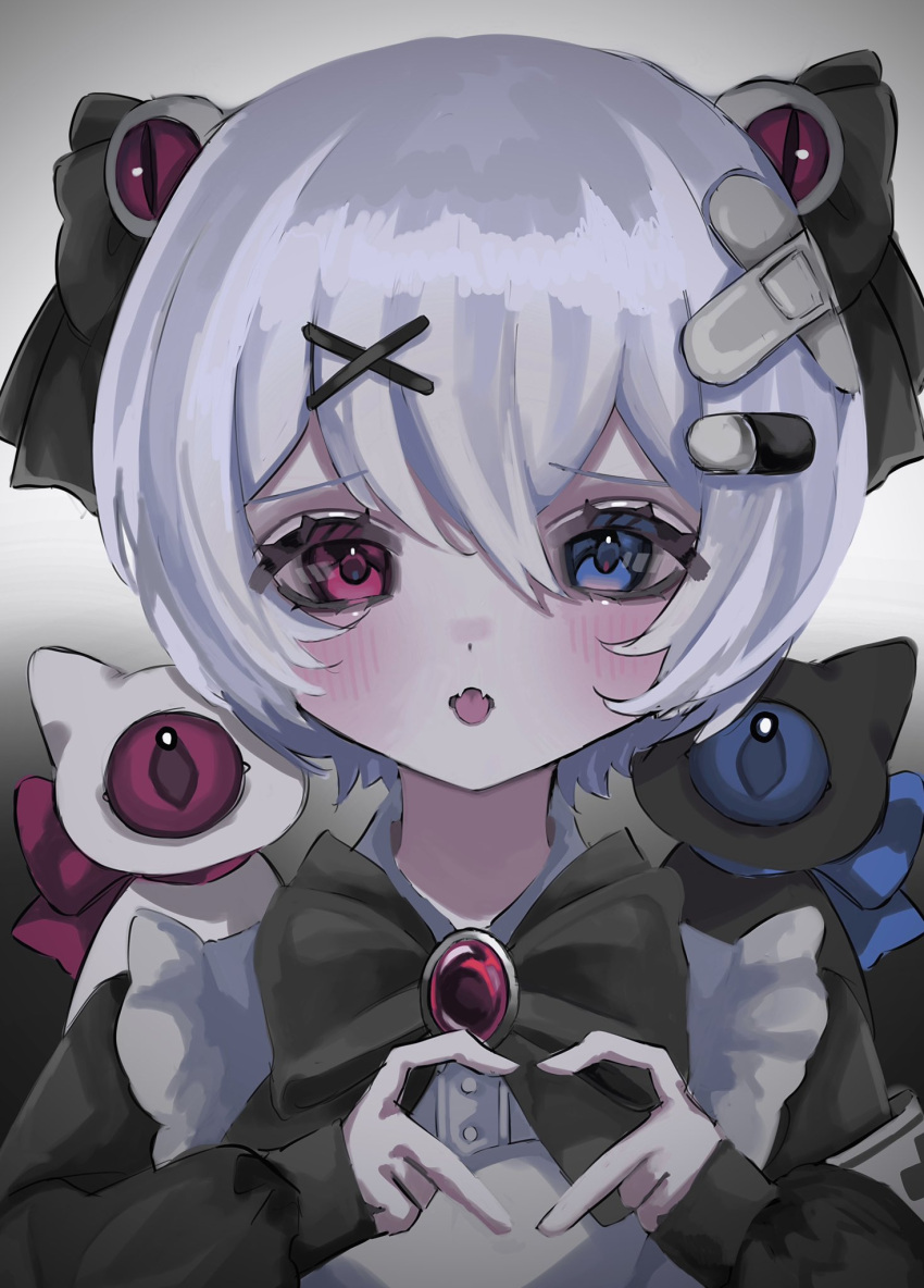 1girl bad_hands bandaid bandaid_on_head black_bow black_bowtie black_cat black_ribbon blue_eyes blush bow bowtie brooch cat crossed_bandaids eye_hair_ornament fangs hair_between_eyes hair_ornament hair_ribbon heart heart_hands heterochromia highres jewelry long_sleeves one-eyed original pill_hair_ornament purple_eyes ribbon shiona_(siona0625) short_hair solo straight-on tongue tongue_out upper_body white_cat x_hair_ornament