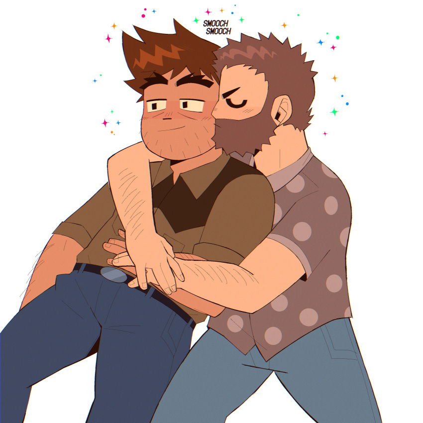 2boys absurdres alternate_skin_color arm_hair bara beard beard_stubble blush closed_eyes couple denim facial_hair feet_out_of_frame fenrir_(fenwolf) forked_eyebrows full_beard happy highres hug hug_from_behind jeans joseph_(scott_pilgrim) kiss kissing_cheek long_sideburns male_focus multiple_boys pants scott_pilgrim_(series) scott_pilgrim_takes_off short_hair sideburns sparkling_aura sparse_stubble stephen_stills thick_beard thick_eyebrows u_u yaoi