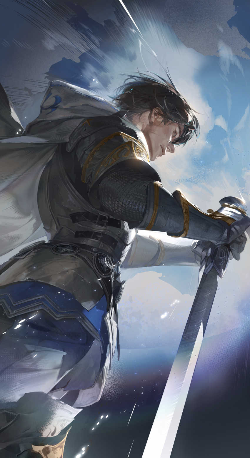 1boy absurdres adventurer_(ff14) armor black_hair blue_eyes cape closed_mouth cloud day final_fantasy final_fantasy_xiv gauntlets highres hyur male_focus outdoors paladin_(final_fantasy) pauldrons short_hair shoulder_armor sky solo sword tobu_0w0 warrior_of_light_(ff14) weapon white_cape