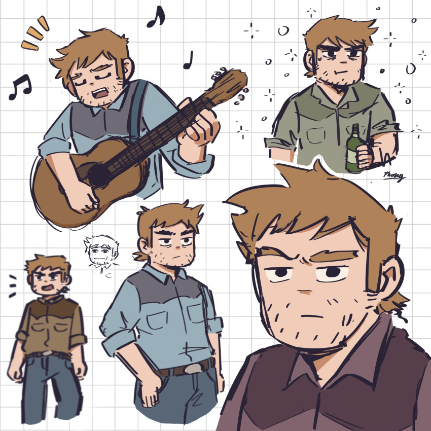 1boy bara beard_stubble brown_hair cheek_bulge cropped_legs forked_eyebrows guitar highres instrument jitome long_sideburns male_focus multiple_views music notice_lines phong953h scott_pilgrim_(series) scott_pilgrim_takes_off short_hair sideburns singing sketch sparse_stubble stephen_stills thick_eyebrows